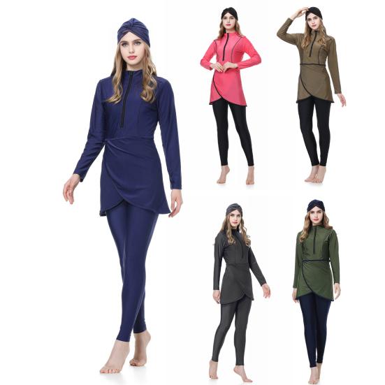 Conjunto de 3 Peças/Conjunto Feminino Maiô Dividido Saia Frontal Fechamento Seguro com Zíper Proteção UV Tops Calças Compridas para Natação Conjunto com Lenço de Cabeça