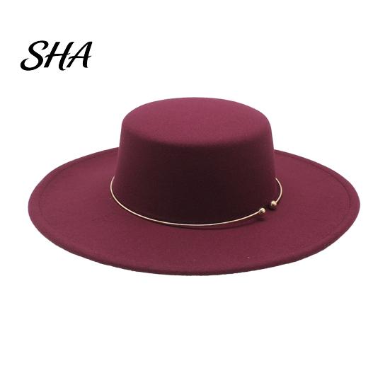 Classic Wide Brim Hat Retro Flat Top Hat, Wool Felt Pork Pie Bowler with Stylish Headwear for Women Metal Ring, Trilby Men Autumn Winter Warm Fedora