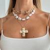 IngeSight.Z 3 Pcs/set Hip Hop Creative Inlaid Imitation Pearl Cross Pendant Necklace Woman Punk Clavicle CCB Beads Chain Jewelry