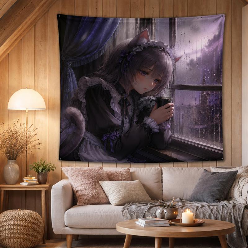 Vintage Neko Maid Anime Tapestry Soft Kawaii Aesthetic Girls Dorm Bedroom Living Room Apartment Wall Decor