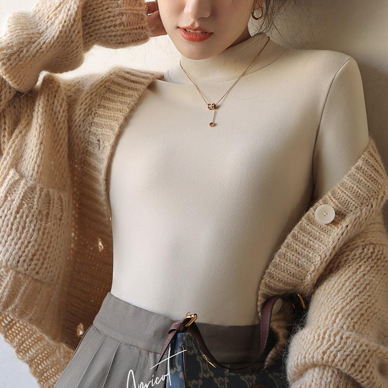 Plus Velvet Bottoming Shirt Women's Autumn Winter Thickened Half-high Collar Long-sleeved Solid Color Pullover Warm Top T-shirt