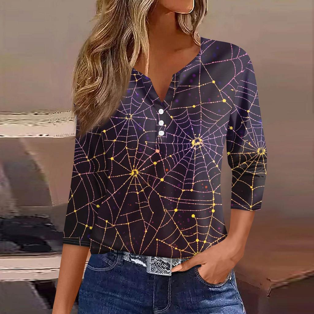 Damenmode Lässiges T-Shirt V-Ausschnitt Sieben Ärmel Bedrucktes Knopfoberteil