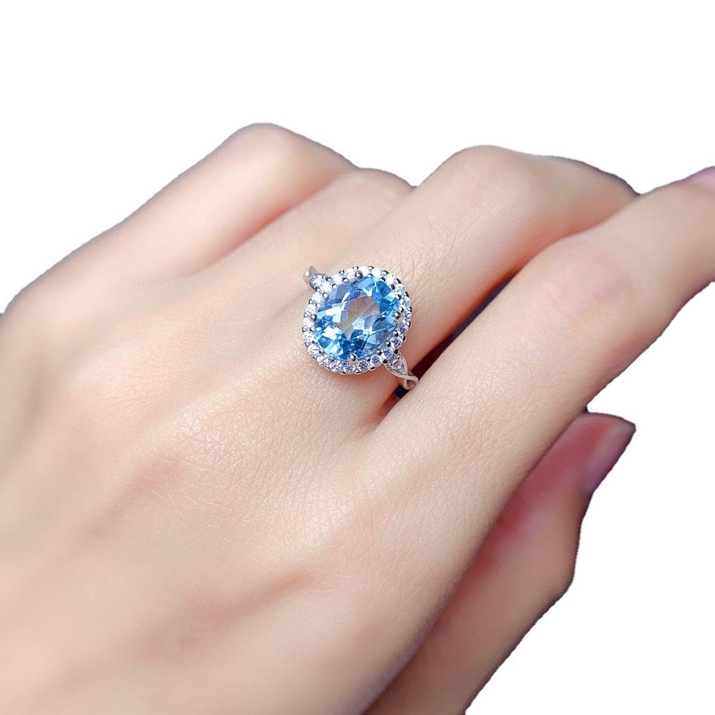 Elegant Sky Blue Topaz Ring for Women with Shiny High Carbon Diamond Oval Cut Fashion Jewelry
