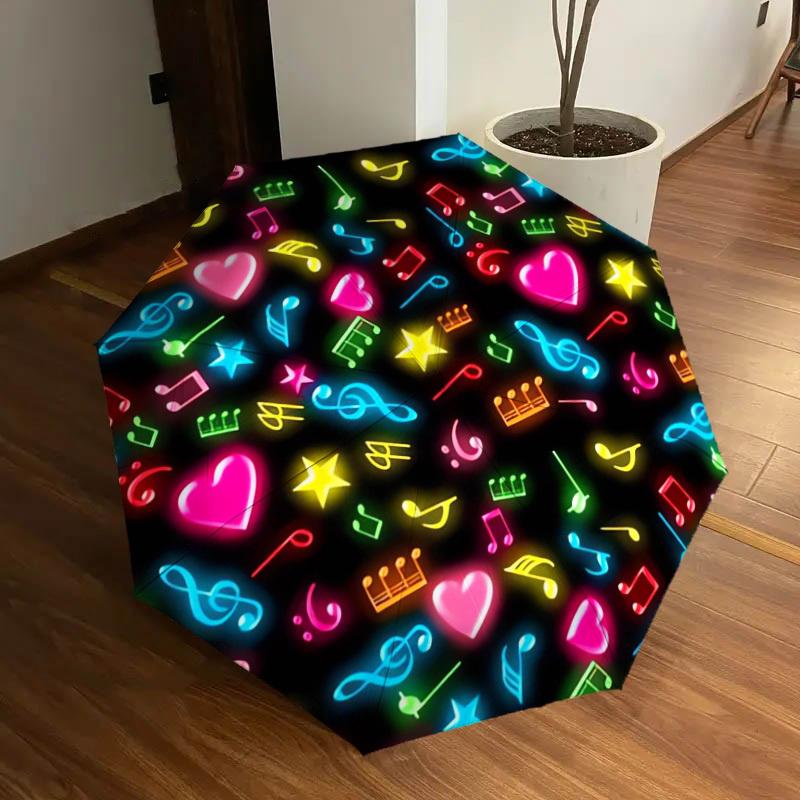1PC Music NotesHeart Symbols Pattern Small Travel Compact Windproof Umbrella, Automatic Folding Umbrella, Automatic Open/Close ,Gift-146