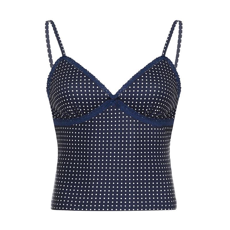 European & American Lace Patchwork Polka Dot Bow Camisole Top for Women Large