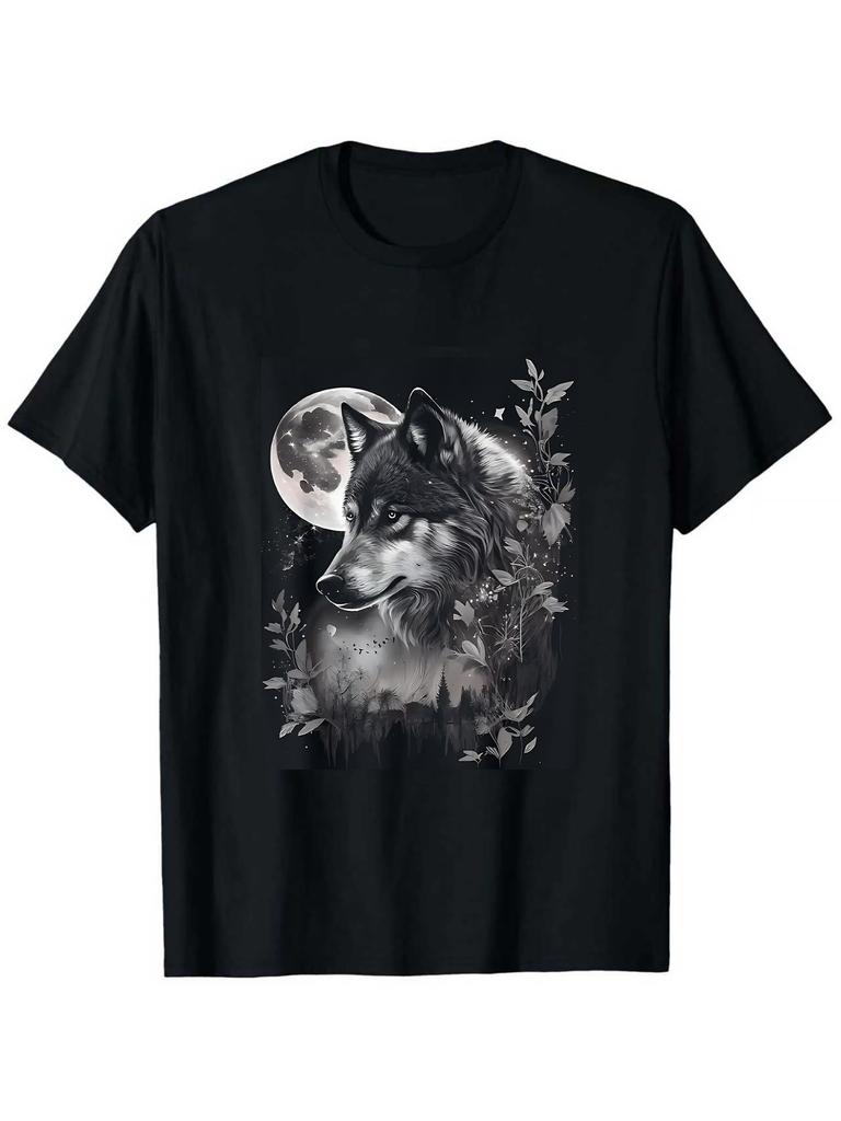 Black Grey Wolf Moon Stars Graphic TShirt Detailed Wolf Head with Full Moon Foliage Print Regular Fit Casual Tee for Unisex WoUnisex