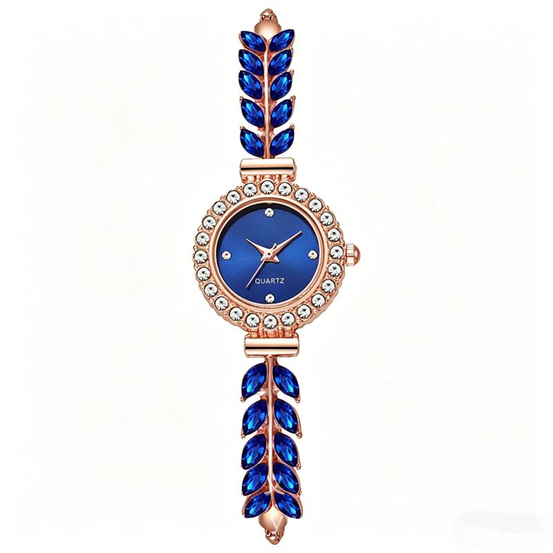 New Fashion Women Quartz Watch Leaf Design Slim Strap Rhinestone Round Dial Pull Adjustable Bracelet Wristwatch