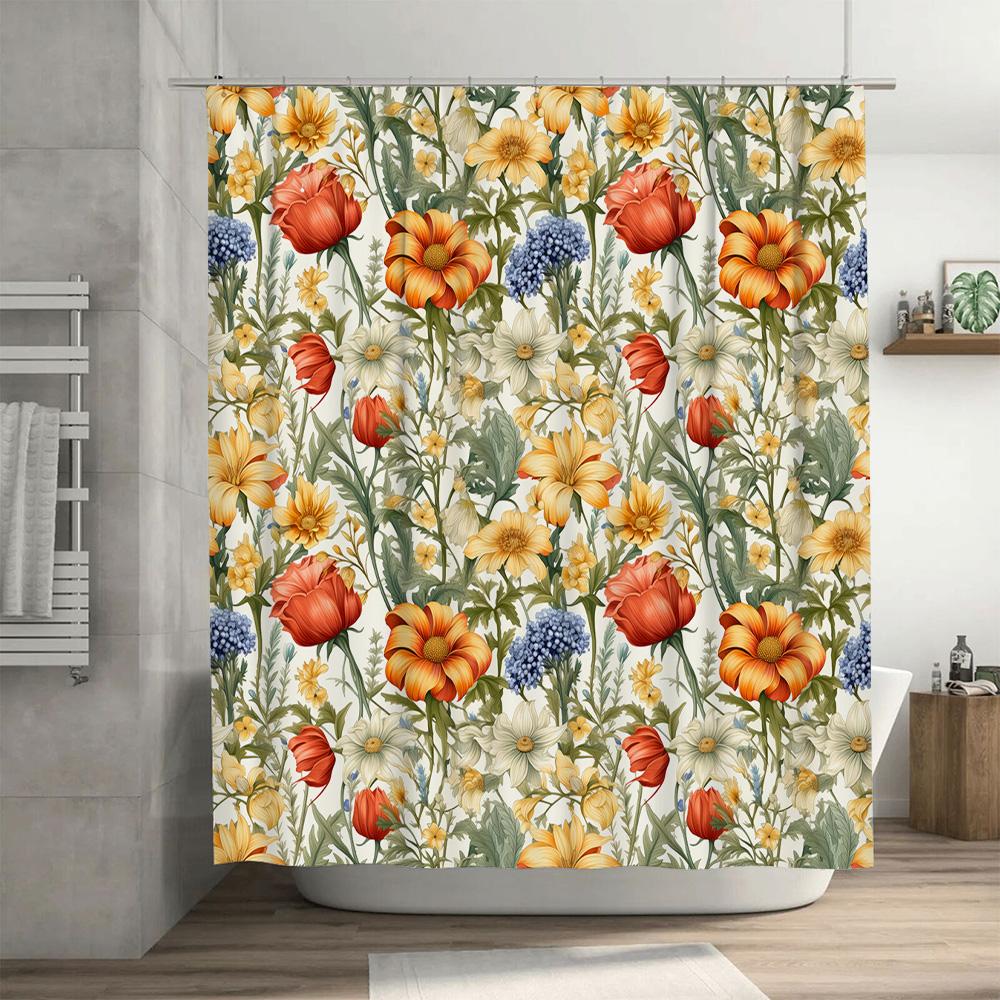 Floral Print Shower Curtain Waterproof Bathroom Decor Orange Blossom White Daisy Watercolor Flower Pattern Bath Linen Decoration