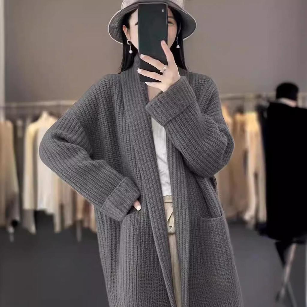 Women's Autumn and Winter Collar Mid Length Knitted Cardigan with A High-end Feel, Soft and Sticky Oversized Lazy Style Jacket Sweater