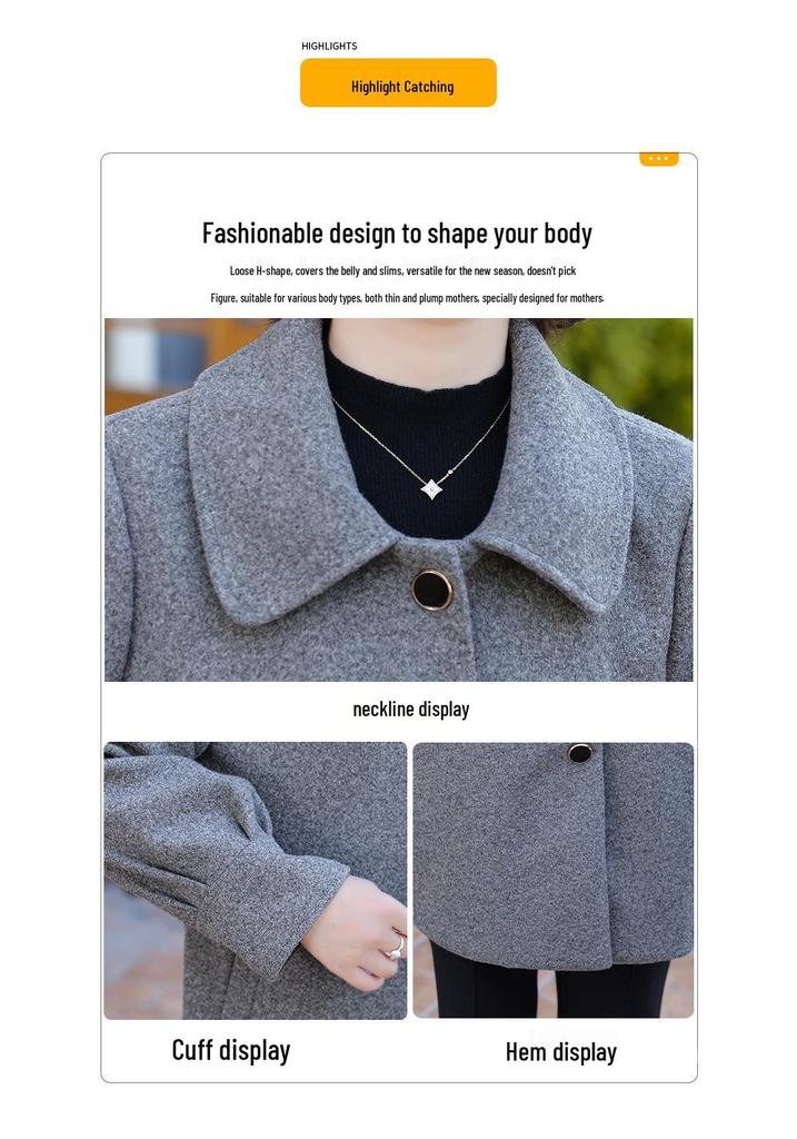 Spring Mid-Length Woolen Coat for Middle-Aged & Elderly Women - Casual Single-Breasted Cardigan with Small Lapel