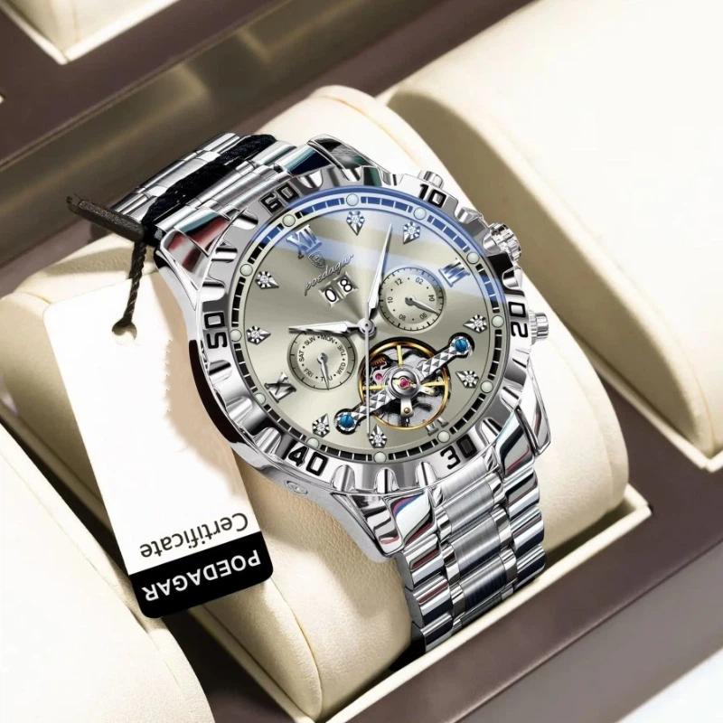 POEDAGAR Top Luxury Men Watch Automatic Date Week Man Wristwatch Hollow Tourbillon Mechanical Stainless Steel Watches