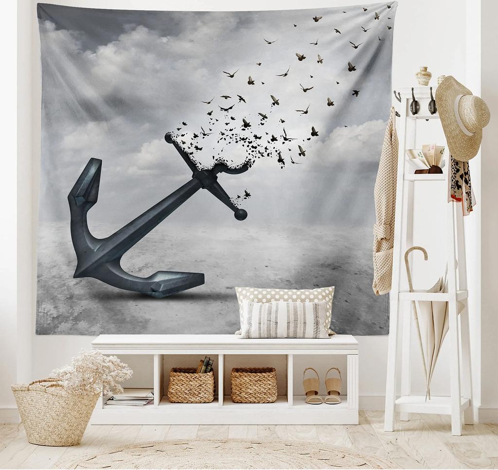 Anker Wandteppich Ankerform Blume Florale Silhouette Urlaub Glückliche Zeiten Wandbehang für Schlafzimmer Wohnzimmer Studentenwohnheim Dekoration