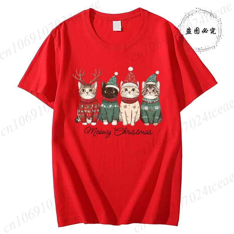 Meowy Christmas Cat Print Women Fashion T Shirt Girl O Neck Clothing Funny Merry Christmas Tops Tee FeUnisex Casual Tee Clothing S