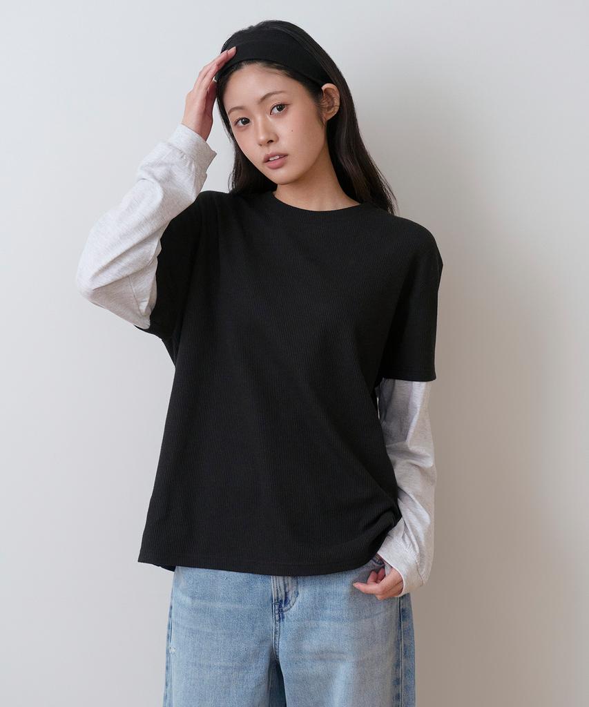 Sayu Pigment Waffle Layered T-Shirt Black