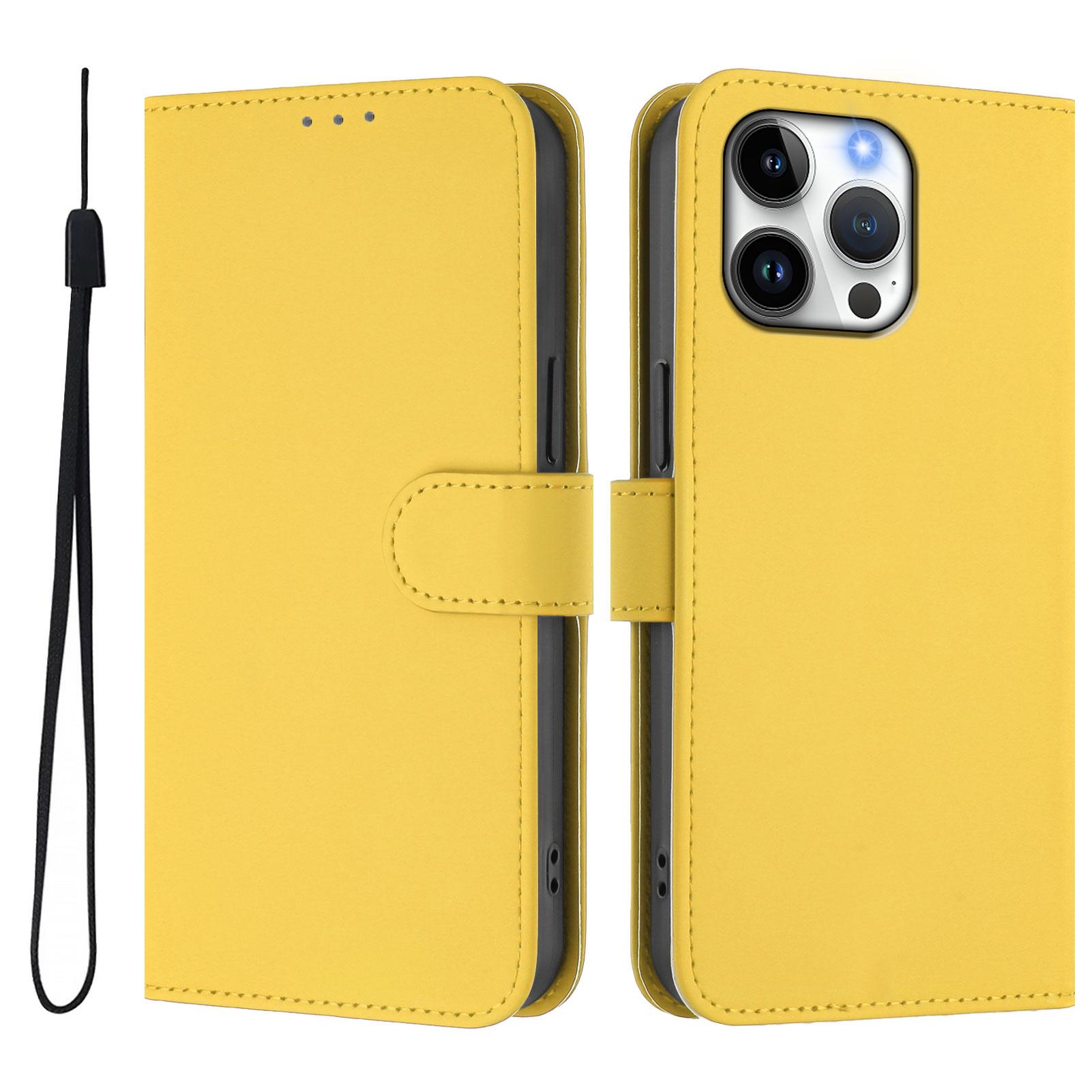 

For iPhone 16 Pro Max Case Solid Color Wallet Leather Phone Cover with Strap Lemon