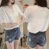 Casual Women Solid Color V Neck Short Sleeve Lace Loose Chiffon T-shirt Blouse