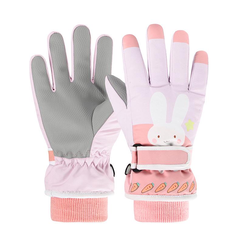 Pink Cartoon Fingerless Cotton Gloves for Girls - Windproof, Warm Winter Cycling and Outdoor Gloves for Primary School Students