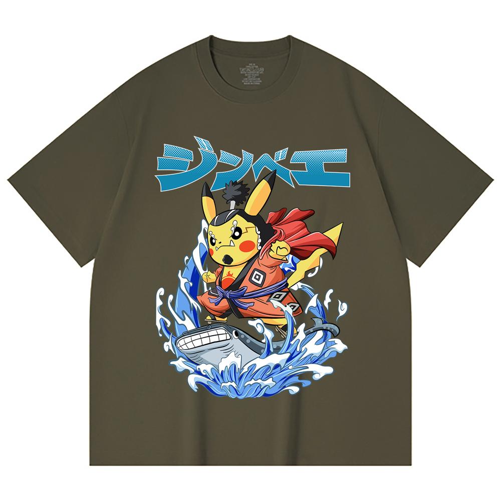 230 Gsm 100% Cotton Pokemon V11 Jimbei Pikachu Print Unisex Heavy Cotton T Shirt
