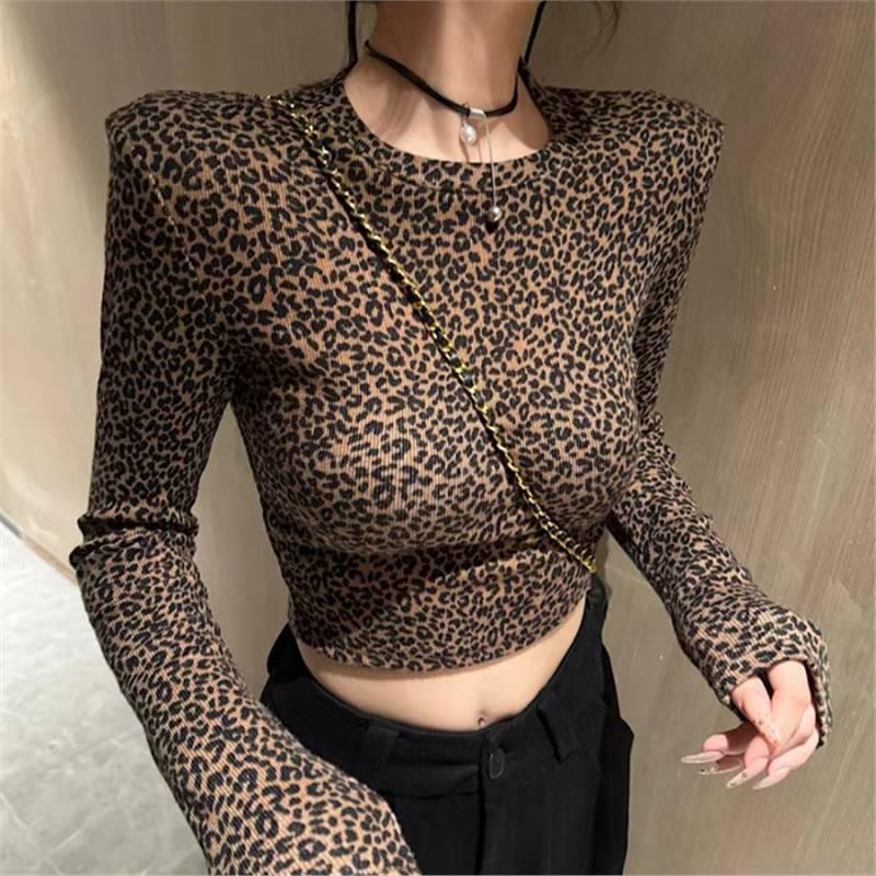 

Новый осенне-зимний топ с длинным рукавом и приталенным силуэтом с леопардовым принтом для женщин X-Large