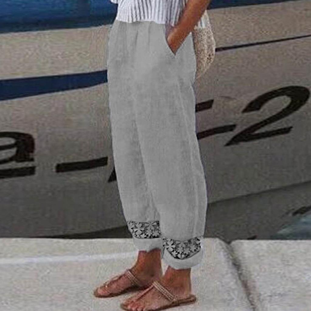 Women's Casual Solid Color Lace Splicing Nine Minute Pants Loose Elastic Waist Straight Pants Comfortable Pocket Nine Minute Pants