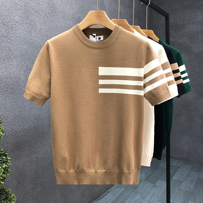 Summer Pullover Thin Short-Sleeved T-Shirt Men'S Premium Round Neck Thin Knitted Sweater Simple Half-Sleeve
