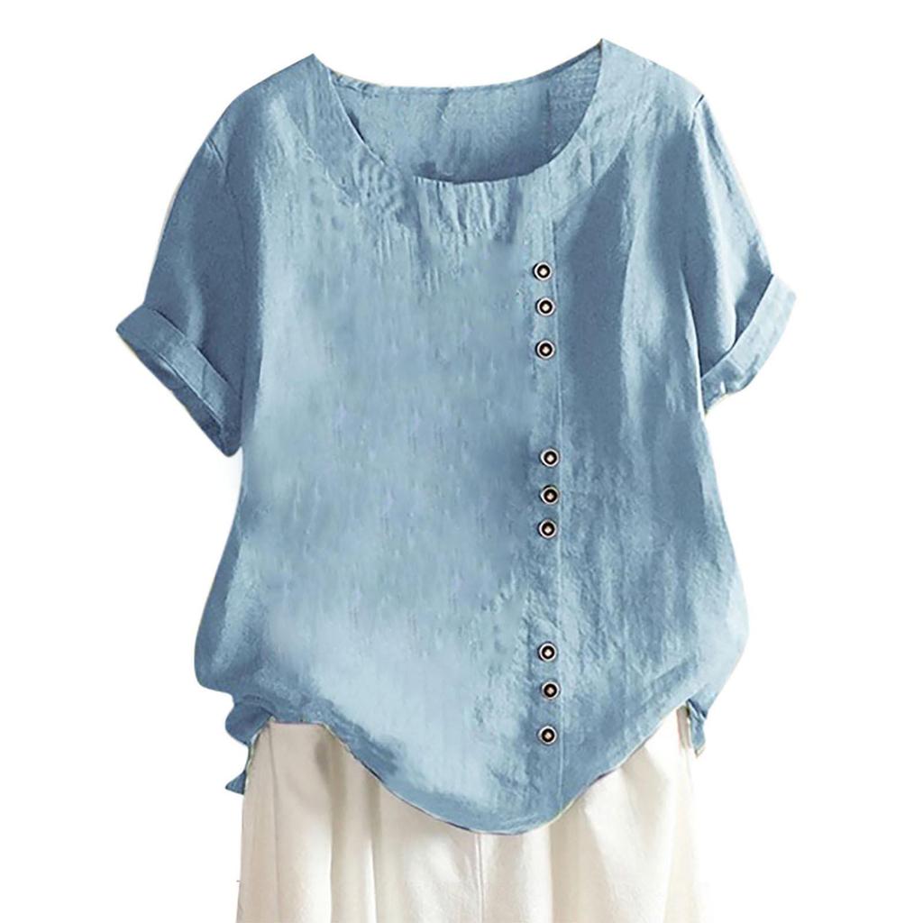 2024 Women's European & American Fashion Short Sleeve Casual Cotton Linen Top with Button Detail