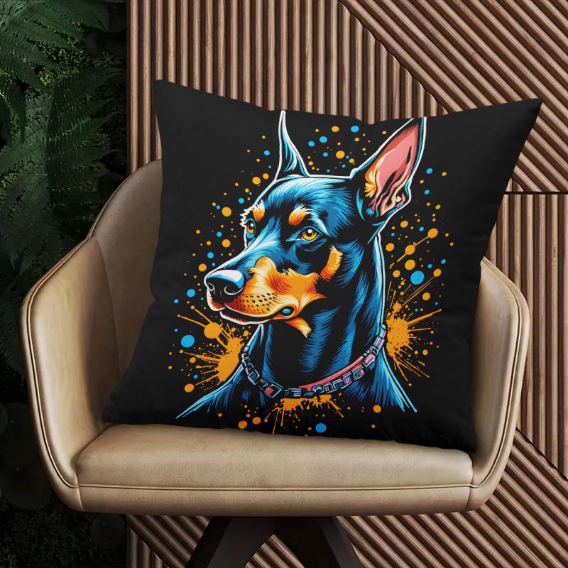 Doberman Dog Art Pillow Cover 2D Printed Polyester Sofa Cushion Case – Vibrant Pet Portrait For Home & Outdoor Decor