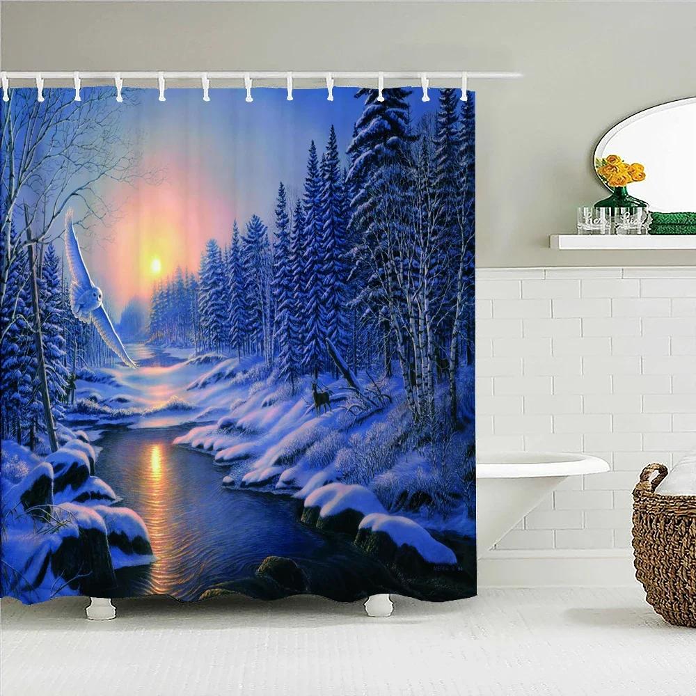 3D European Town Rural Forest Landscape Printing Bathroom Waterproof Shower Curtain Polyester Curtain Home Decoration Curtains