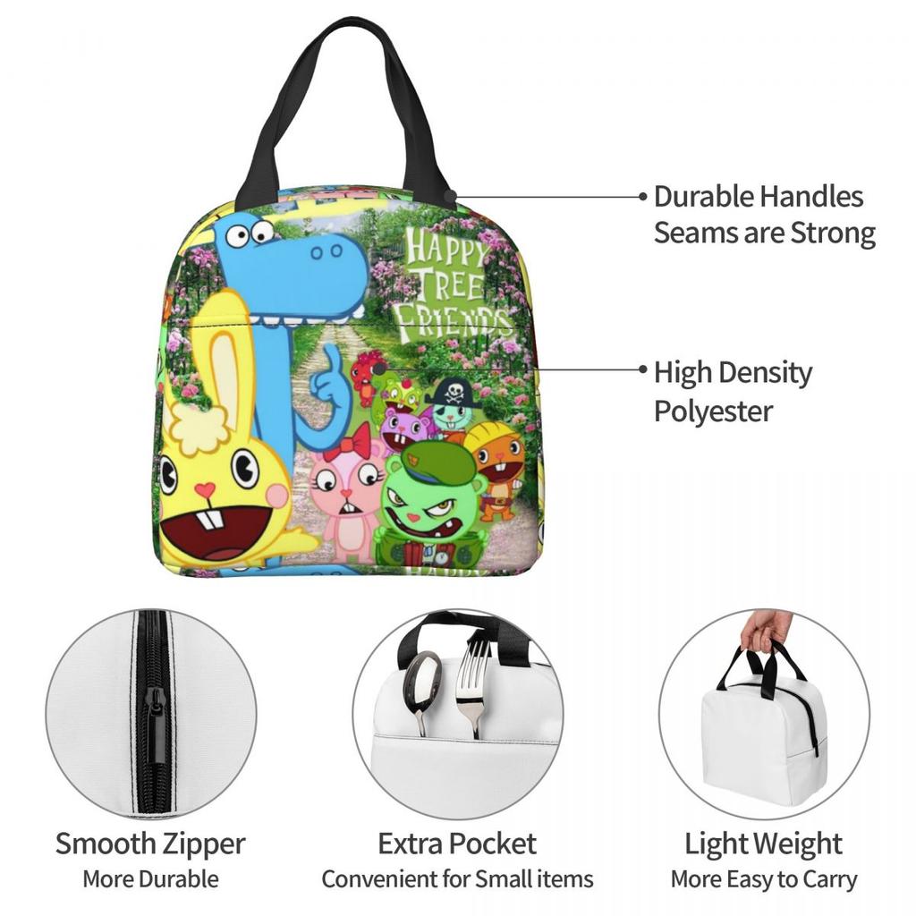 Happy Tree Friends Flippy Lumpy Cuddles Loving Family Insulated Lunch Bag for Women Portable Food Boxes Thermal Lunch Box Tote