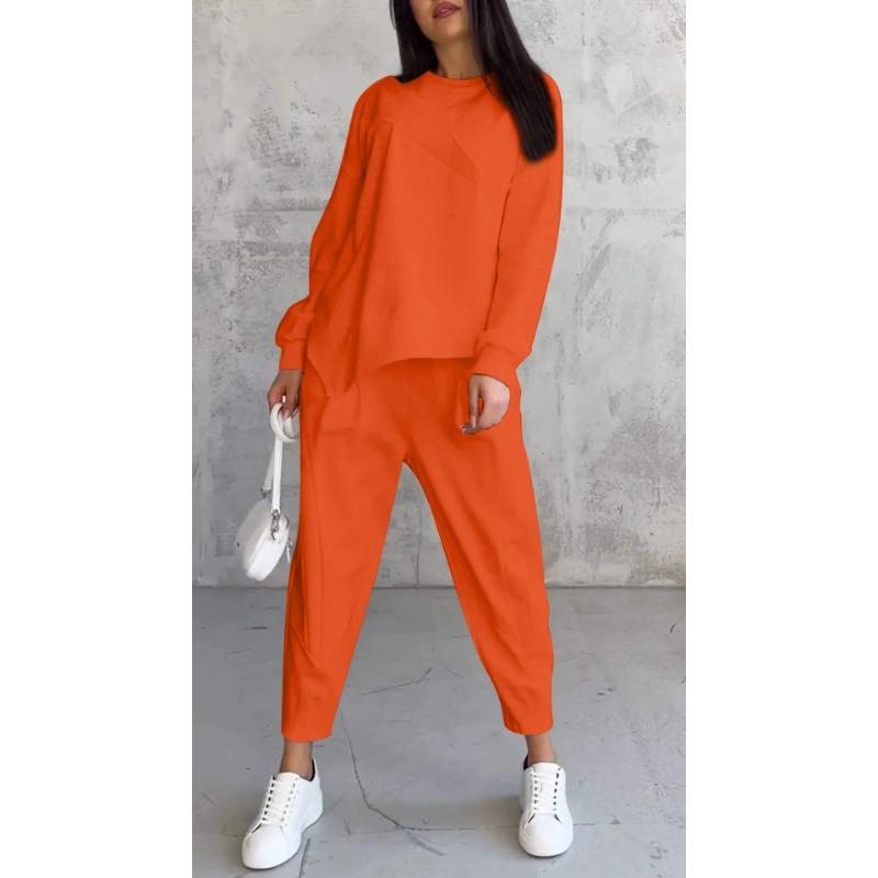 JKASHDK Women's Fashion Casual Spring Autumn Solid Color Print Long Sleeve O-Neck Trousers Pants Suits