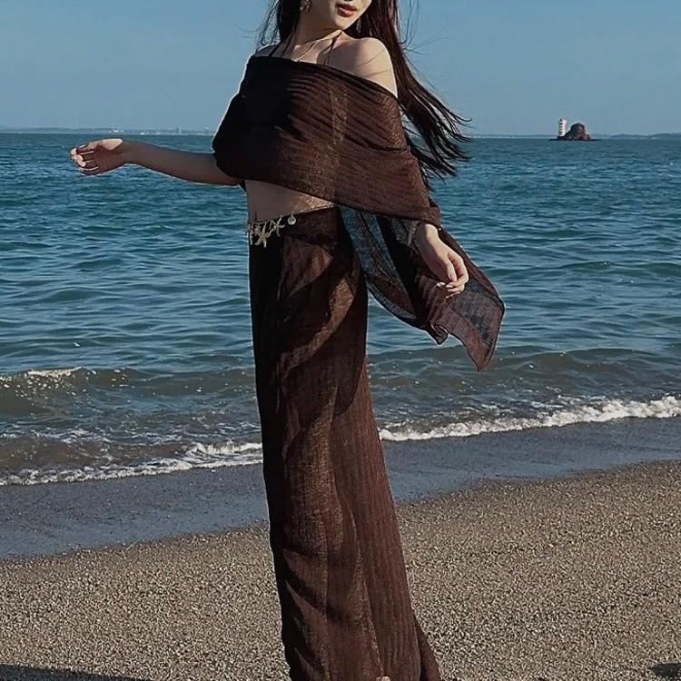 Melanoid Retro Coffee Split Bikini Set: 4-Piece Long Skirt Swimsuit with Flaw Covering, Slimming Fit & Sun Protection for Summer