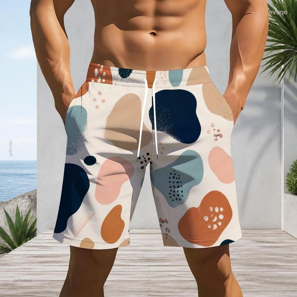 Men Plus Size Colorful Printed Beach Shorts Drawstring Waist Side Pockets Straight Leg