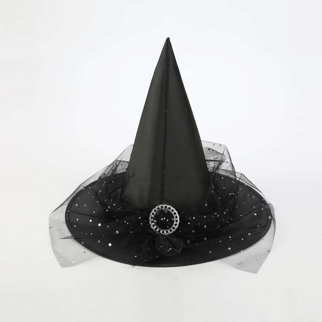European & American Halloween Lace-up Witch Hat - Black Oxford Cloth Pointed Wide-Brim