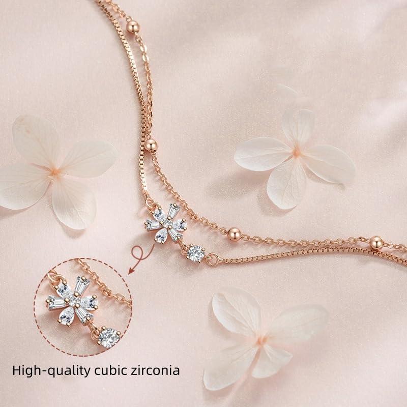 Women's Bracelet, 925 Silver, Cherry Blossom Flower Design, Double Chain, Simple, Cute, Hand Decoration, Birthday Present, For Women, Metal