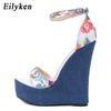 Fashion Designer Print Denim Sandals Woman Roman Wedges High Heels Peep Toe Platform Shoes Zapatos De Mujer