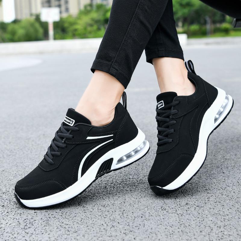 Women's Black Leather Air Cushion Sneakers: Autumn/Winter Casual, Thick Sole, Trendy Flat Heel Shoes