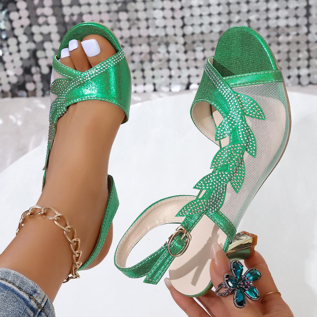 

Fashion Comemore High-heeled Sandals Fashion Mesh Rhinestone Fish Mouth Summer Shoes for Women Large Size Side Hollow Roman Sandales 35 зелёный