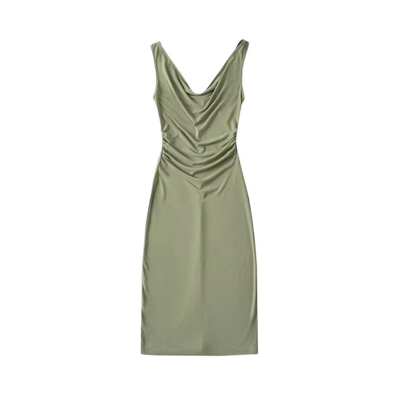 European and American sexy swinging neck sleeveless vest dress women's outer wear pleated slim fit elastic hip wrap medium and long dress summer