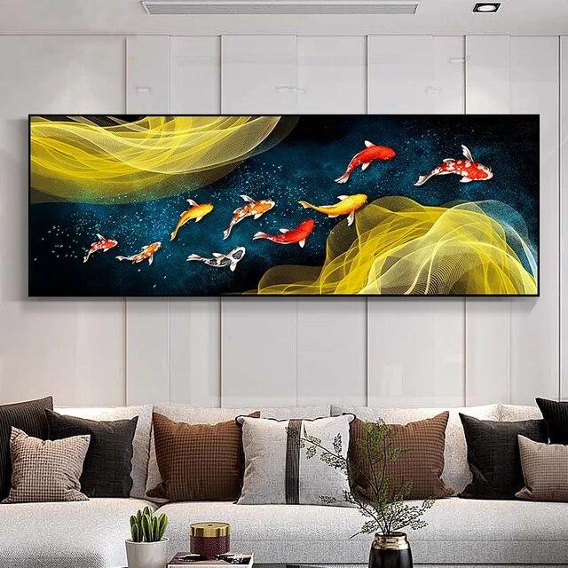 Chinese Style Koi Canvas Poster And Prints Nine Fish Illustration Feng Shui Carp Lotus Pond Wall ArtPainting For Decor No Frame