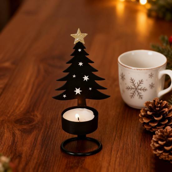 Kovový vánoční svícen Malý svícen ve tvaru stromku Sváteční stolní středový prvek pro domácí polici Krbová dekorace