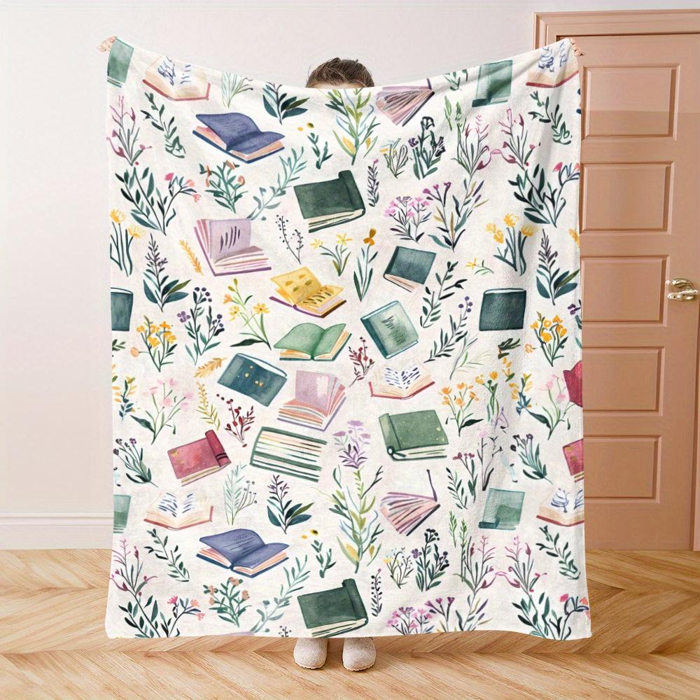 Watercolor Books & Wildflowers Flannel printed blanket suitable for all seasons suitable for living room office sofa and travel