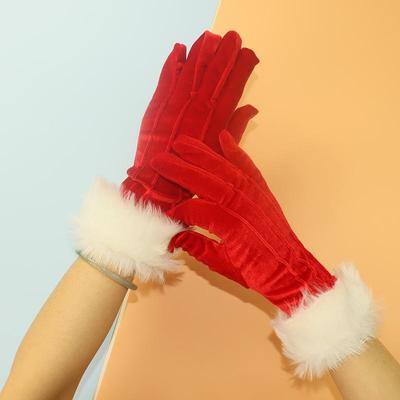 Aksamitne rękawiczki na przyjęcie świąteczne z białym futerkiem