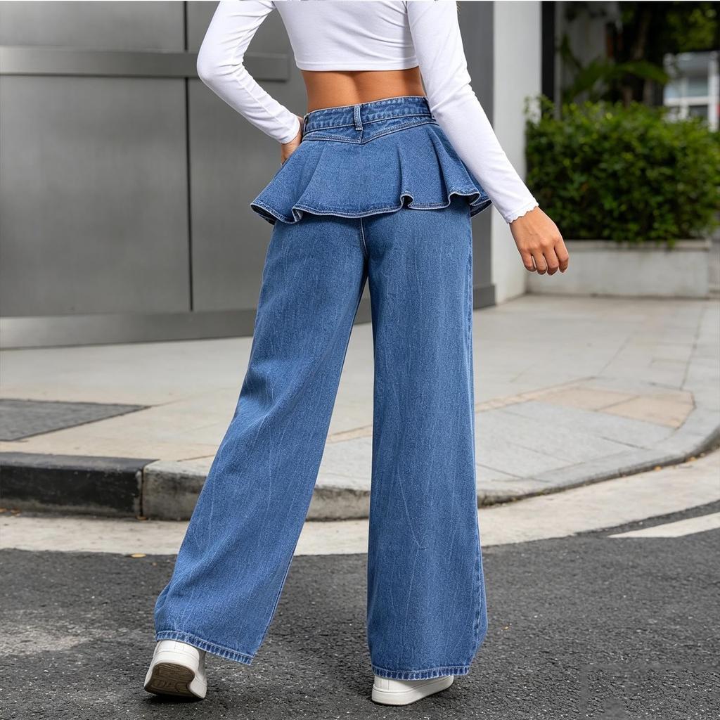 Women's Casual Ruffle-Trimmed Wide Leg Loose Fit Jeans