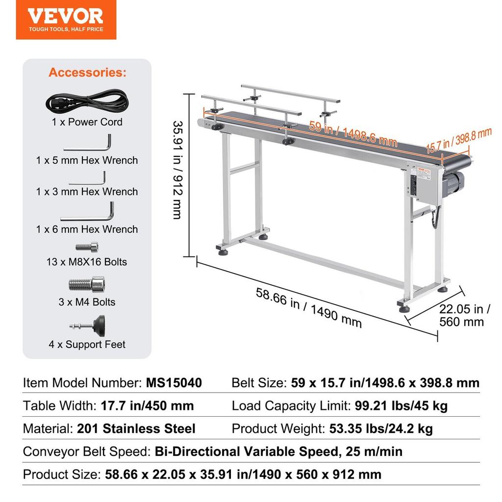 Belt Conveyor, 59 X 15.7 Inch Conveyor Table, Heavy Duty Stainless Steel Motorized Belt Conveyor for Inkjet Coding Applications Powered PVC Belt