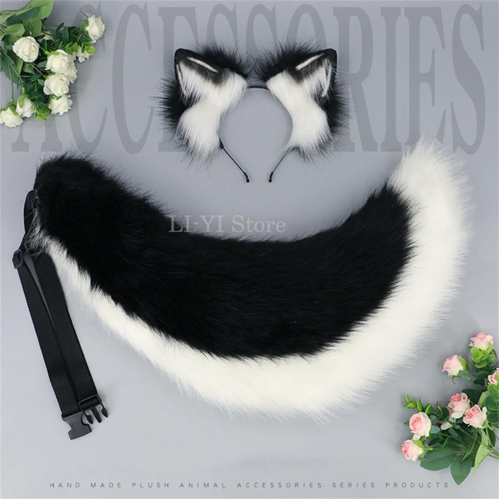 2Pcs/Set Anime Cosplay Furry Dog Ears Tail Fursuit Costume Accessories Halloween Wolf Fox Ears Headband Animal Tail