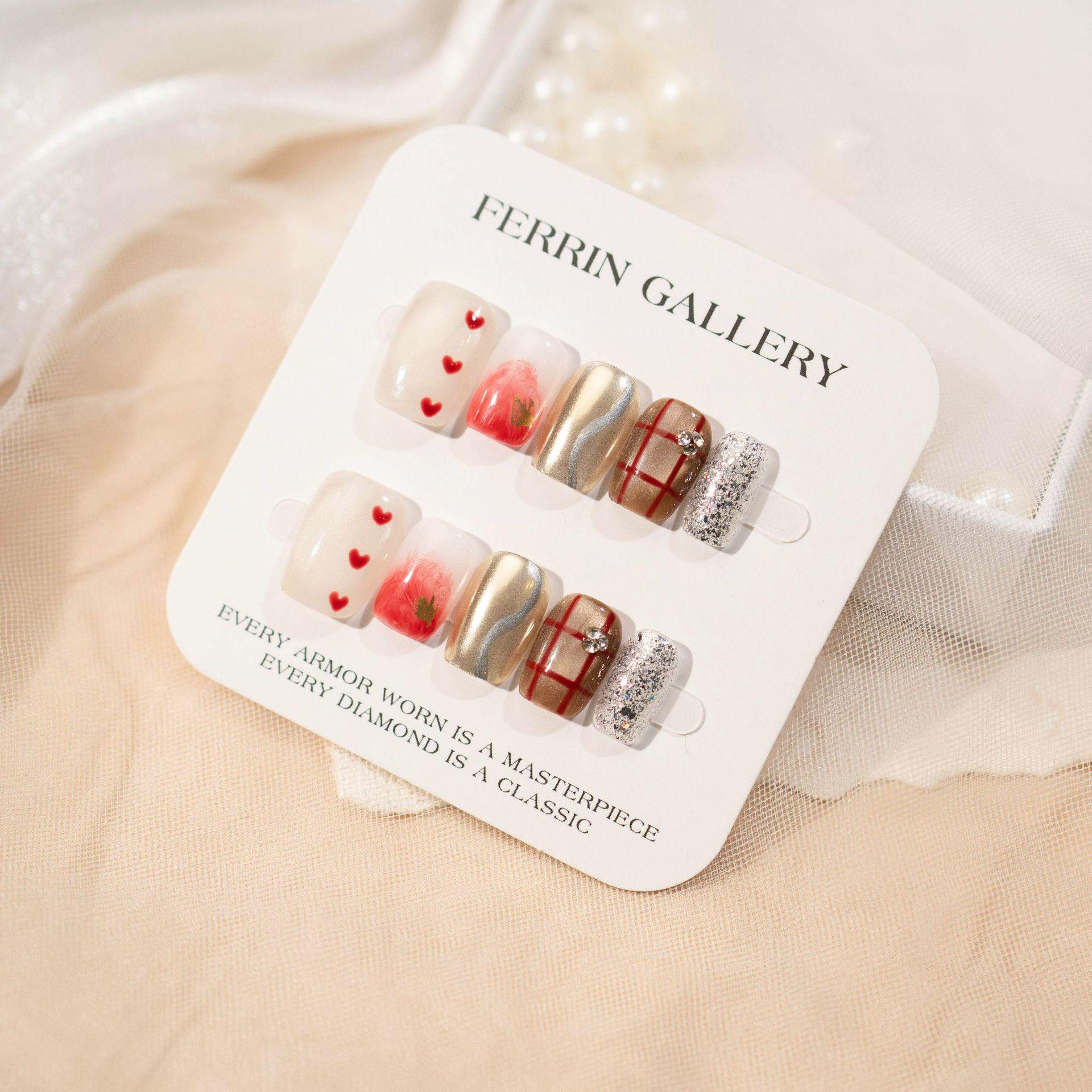 Hand-Painted Heart & Plaid Rhinestone Short Nail Art Stickers