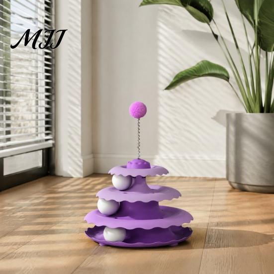 Educational Kitten Activity Center Cat Toy Roller, 3-Level Turntable Toys with 3 Balls, Anti-Slip Puzzle Multi-layer Track Ball Toys, Detachable Toy,