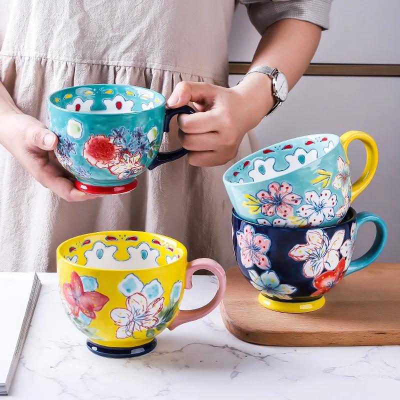 Ceramic Coffee Mugs and Cups Office Using Porcelain Creative Drinking Water Mug Capacity Hand Painted Flower Household Large Cup