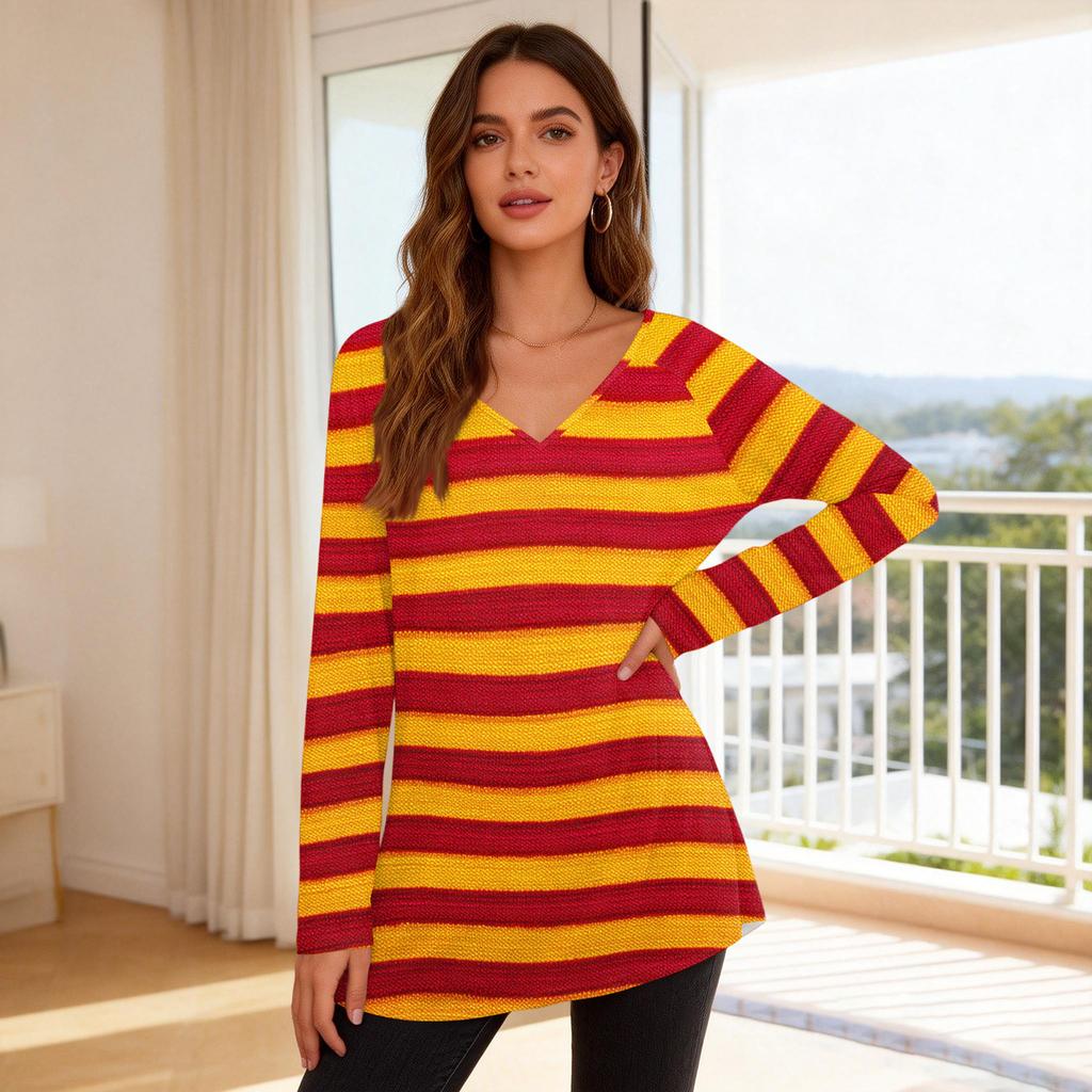 Women's Fashionable Casual Long-Sleeved Striped Print V-Neck Mid-Length Top