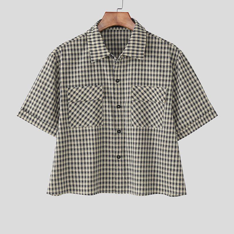 

INCERUN Men Turn Down Collar Short Sleeve Plaid Casual Loose Short Shirts S чорний
